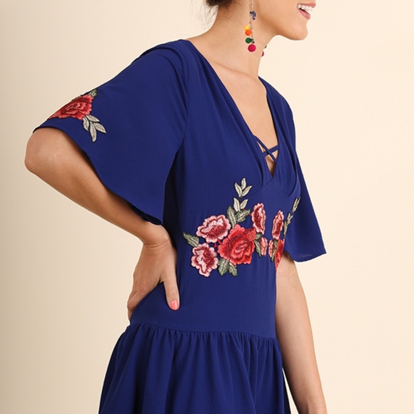 Umgee Romper Size S M L Cobalt Blue Floral Embroidered Whimsy Shorts Womens New - Picture 4 of 4